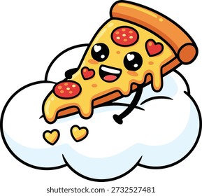 Personaje adorable de la rebanada de la pizza en una nube, ideal para los diseños con un