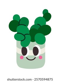 Adorable plant with green leaves in a pot, featuring a happy smiling face with rosy cheeks, on a white background. Concept of cheerful and playful design. Vector illustration