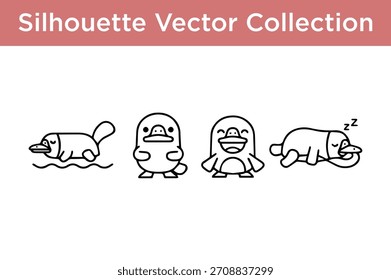 Adorables siluetas de Vector de ornitorrinco en varias poses, perfectas para diseños de animales lindos.