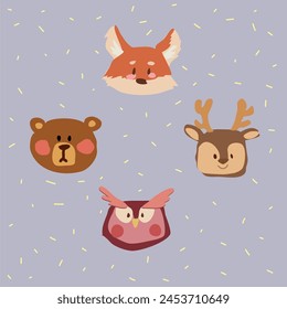 Adorable and playful cartoon illustrations of a bear, fox, reindeer, and owl with a charming, childlike style. Perfect for children's books, nursery decor, and educational materials