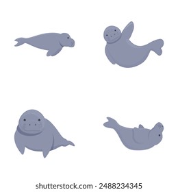 Adorable and playful cartoon seal illustrations collection for nursery and children's themes, featuring cute grey seals in various poses and actions, perfect for underwater and marine life designs
