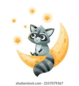 An adorable and playful raccoon is sitting joyfully on a crescent moon, surrounded by a multitude of glowing stars