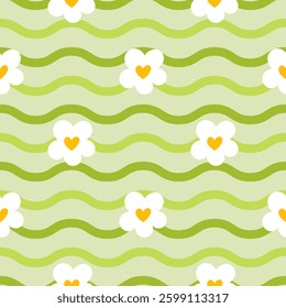 Adorable and playful seamless vector design with daisy blooms and soft pastel hues, adding a decorative and festive touch to nursery fabrics, children's clothing, and wrapping paper