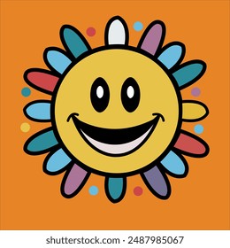 Adorable, playful sun with a childlike smile in flat design. Bright and cheerful, with sunbeams.