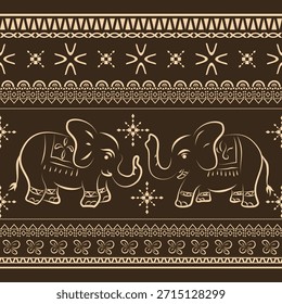 Adorable juego de elefantes sin patrón de borde con crema y marrón. Hermoso Animal Dibujado a Mano Tono de Tierra Decoración de Ambiente Juguetón y Amable para la Decoración de Spa, Productos de Artesanía, Pantalones