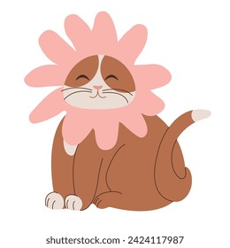 Adorable plump cat with pink flower on his head. Funny cute pets. Cartoon vector illustration isolated on white background. Design for poster, icon, card, logo, label, banner, sticker.
