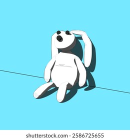 Adorable plush bunny toy sitting on cyan background, displaying minimalist aesthetics.