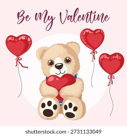 Adorable Plush Teddy Bear Holding Red Heart, Balloons Floating Around on Square Greeting Card Template for Valentine’s Day and Romantic Anniversaries