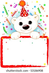 Adorable Polar Bear Cab Wearing A Party Hat, Looking Over A Blank Starry Sign With Colorful Confetti