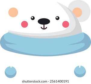 Adorable polar bear cub wearing a light blue scarf and small blue mittens, smiling happily with rosy cheeks and a black nose, creating a heartwarming and charming winter scene