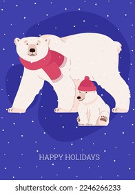 Adorable polar bear with little cub on Christmas greeting card, cartoon flat vector illustration. Winter holidays poster with cute white bears wearing red scarf and hat.