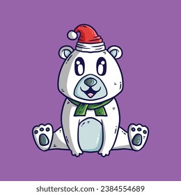 Oso polar adorable con sombrero rojo, velo de cicatrices ilustración vectorial de dibujos animados. Graciosa ilustración de dibujos animados para Navidad.