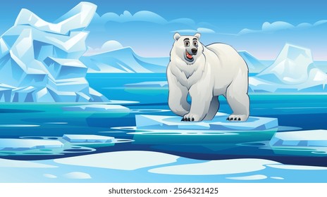 Adorable polar bear standing on an ice floe with a scenic Arctic landscape of icebergs and water. Vector cartoon illustration