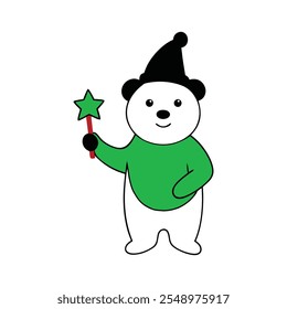 Adorable polar bear wearing a Santa hat holding a glowing Christmas star vector element.