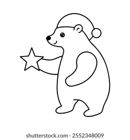 Adorable polar bear wearing a Santa hat holding a glowing Christmas star vector element.