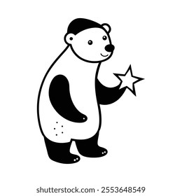 Adorable polar bear wearing a Santa hat holding a glowing Christmas star vector element.