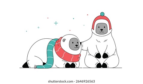Ursos polares adoráveis desfrutando de um dia de neve de inverno brincalhão vestido com cachecóis e chapéus acolhedores