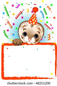 Adorable Polecat Wearing A Party Hat, Looking Over A Blank Starry Sign With Colorful Confetti