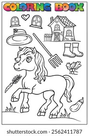 Adorable pony coloring page surrounded by farm-related elements, perfect for children's activity books.