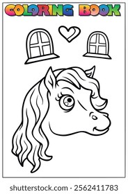 Adorable pony head coloring page designed for children, featuring windows and a heart, perfect for sparking creativity and fun.