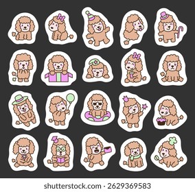Adorable poodle character set showing cute emotions and fun activities like sleeping, reading, cooking, drinking, partying, and celebrating special moments for creative design