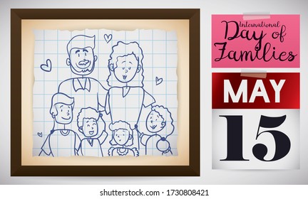 Adorable portrait in doodle style over notebook paper inside a frame with happy family celebrating International Day of Families: mom, dad, sons and daughters with a calendar and note.