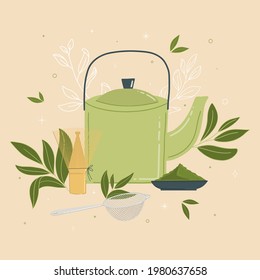 Adorable poster with Kettle and whisk. Hand drawn matcha ad. Cool template with leaves and metal Kettle for matcha lovers.