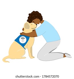 Adorable Poster With A Man And A Service Dog. Labrador And Patient Hand Drawn Illustration. Canis Therapy Printable Poster. Fluffy Dog And The Kneeling Man Grawing. 
