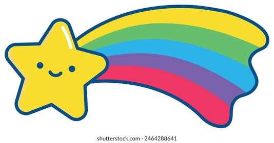 Adorable Pride sticker icon featuring a cute yellow star with a rainbow trail on a white background. Perfect for LGBTQ+ themes and celebrations.