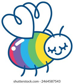 Adorable icono de la etiqueta engomada del orgullo con una abeja con rayas de arco iris y alas en forma de corazón sobre un fondo blanco. Perfecto para temas y celebraciones LGBTQ+.
