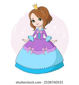 Adorable princess in blue dress and crown, tiara isolated on white background. Cute children's illustration of beautiful girl for cards, print, design