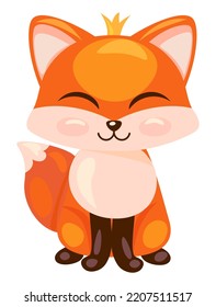 Adorable princess bright fox with a crown on her head. Cute orange forest animal.