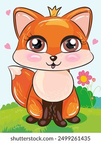 Adorable princess bright fox with a crown on her head. Cute vector orange forest animal.