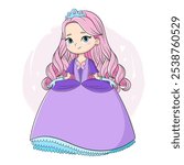 Adorable princess in violet dress and crown, tiara isolated on white background. Cute children's illustration of beautiful girl for cards, print, design