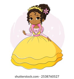 Adorable princess in yellow dress and crown, tiara isolated on white background. Cute children's illustration of beautiful girl for cards, print, design