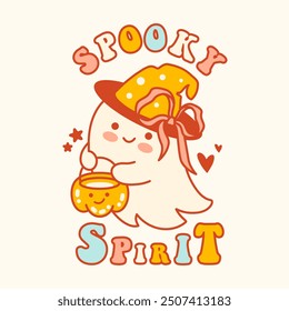 Adorable print with witchy ghost holding a pumpkin shaped pan with phrase "Spooky spirit". Playful Halloween and cheerful fall holiday concept. Hand drawn vector illustration