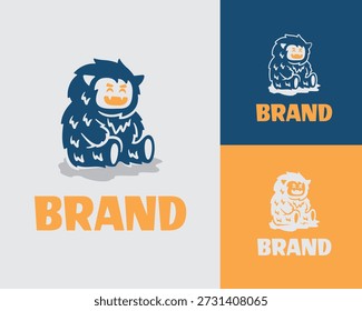 An adorable and professional vector mascot logo set featuring a cute, furry baby monster or yeti sitting down with a happy expression. This playful character is designed in a vibrant navy blue and orange color palette, making it ideal for children's brands, toy stores, gaming mascots, or creative agency identities.