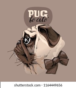 Adorable Pug with a bow on a beige background. Pug, be cute - lettering quote. Humor card, t-shirt composition, hand drawn style print. Vector illustration.