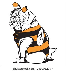 Adorable Pug Bulldog in Bee Costume - Cute Dog Vector Illustration Flat Design of Pug Dressed as a Bee Perfect for Pet Lovers, Kids' Products, and Fun Graphics Cartoon Style Animal Illustration