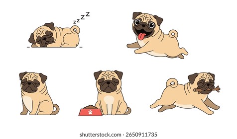 Adorable pug puppies engage in various playful activities and restful moments