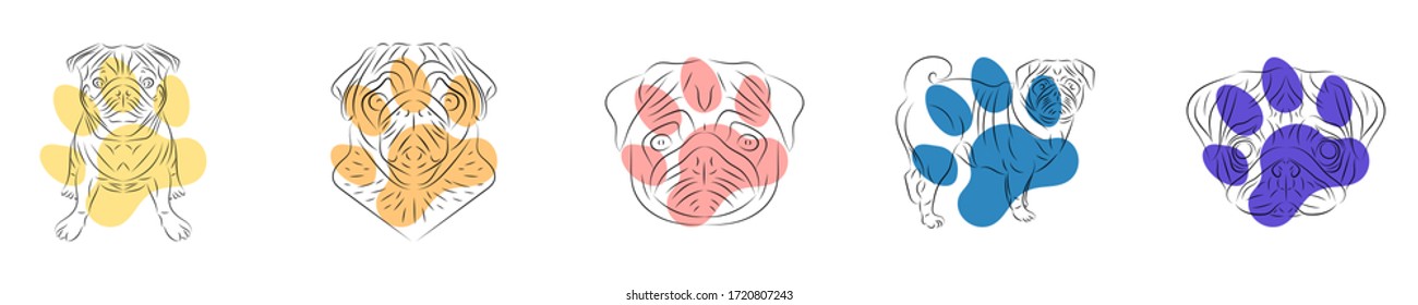 Adorable Pugs vector illustrations, cute dogs line art icons set with colourful dog paws on background