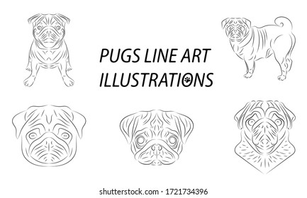 Iconos vectoriales Adorables Pugs, Perros Cute línea iconos de arte conjunto, mascotas vectoriales aisladas