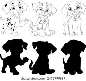 Adorable puppies in line art and silhouette