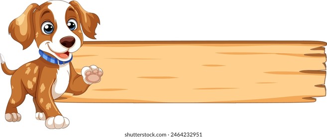 Adorable puppy beside a blank wooden sign