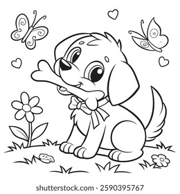 Adorable Puppy with Bone Coloring Page Cute Dog and Butterflies