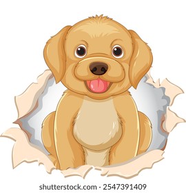 Adorable puppy breaking through torn paper