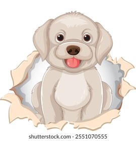 Adorable puppy breaking through torn paper