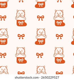 Adorable Puppy in Christmas Stocking Seamless Pattern. Cute Animal Dog Background with festive red sock and tied bow in cartoon doodle style. Modern Holiday design. Repeat vector illustration