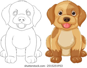 Adorable puppy with colored and outline versions