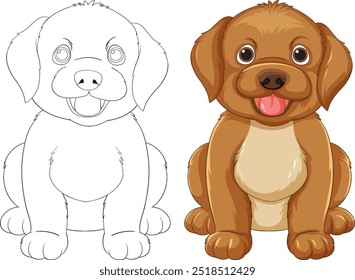 Adorable puppy with colored and outline versions